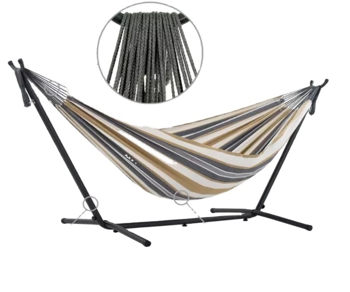 Steel Pipe Hammock Frame With 200*150cm Polyester Cotton Hammock Coffee Strip Natural Rope Iron Hammock