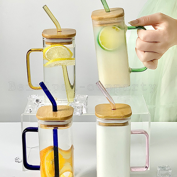 hot sale square glass cups with bamboo lid and straw