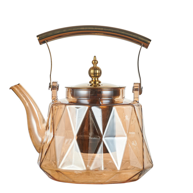 1000ml/33.3ozCreative design clear/golden Diamond Glass Teapot Tea Kettle With Stainless Steel Filter Strainer And Copper Handle