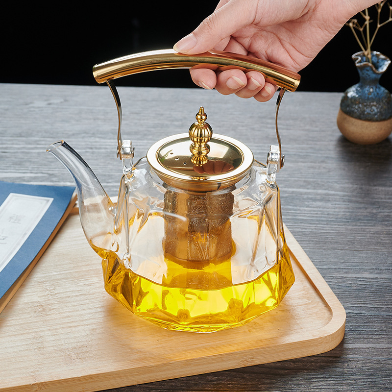 1000ml/33.3ozCreative design clear/golden Diamond Glass Teapot Tea Kettle With Stainless Steel Filter Strainer And Copper Handle