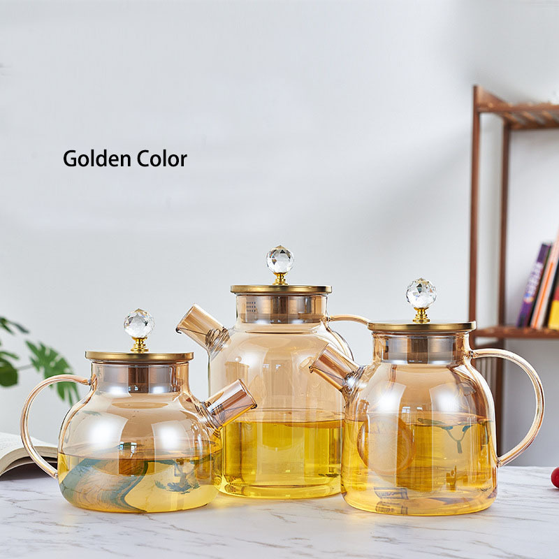 1000ml 1500ml 1800ml golden Glass Tea Pot Kettles Heatproof Borosilicate Glass Teapot Water Pitcher With Removable Filter Spout