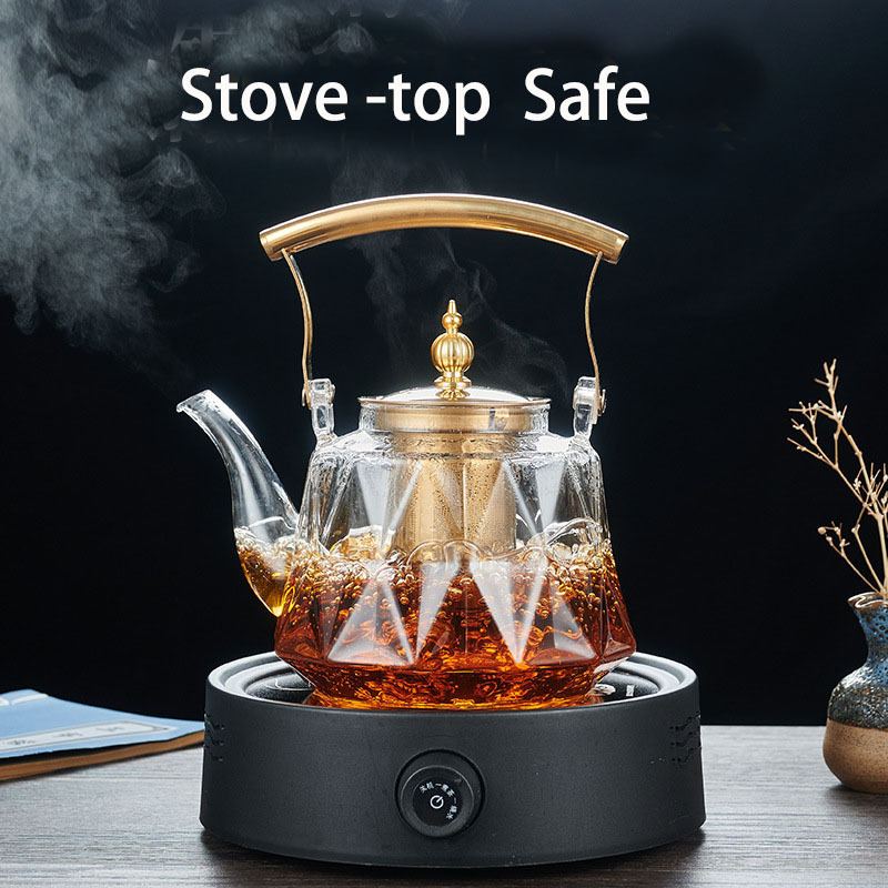 1000ml/33.3ozCreative design clear/golden Diamond Glass Teapot Tea Kettle With Stainless Steel Filter Strainer And Copper Handle