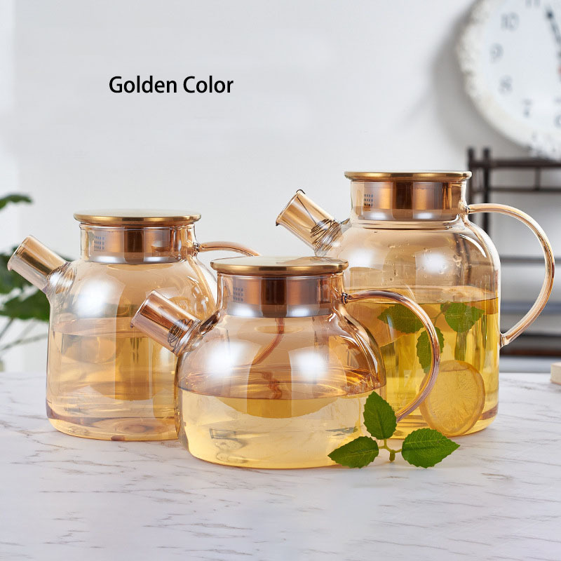 1000ml 1500ml 1800ml golden Glass Tea Pot Kettles Heatproof Borosilicate Glass Teapot Water Pitcher With Removable Filter Spout