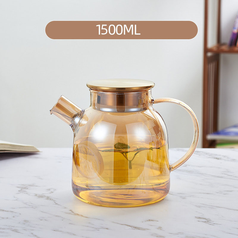 New design Golden Color 1000ml 1500ml 1800ml Glass Teapot With Stainless Steel Lid With Loose Leaf Tea Filter Spout