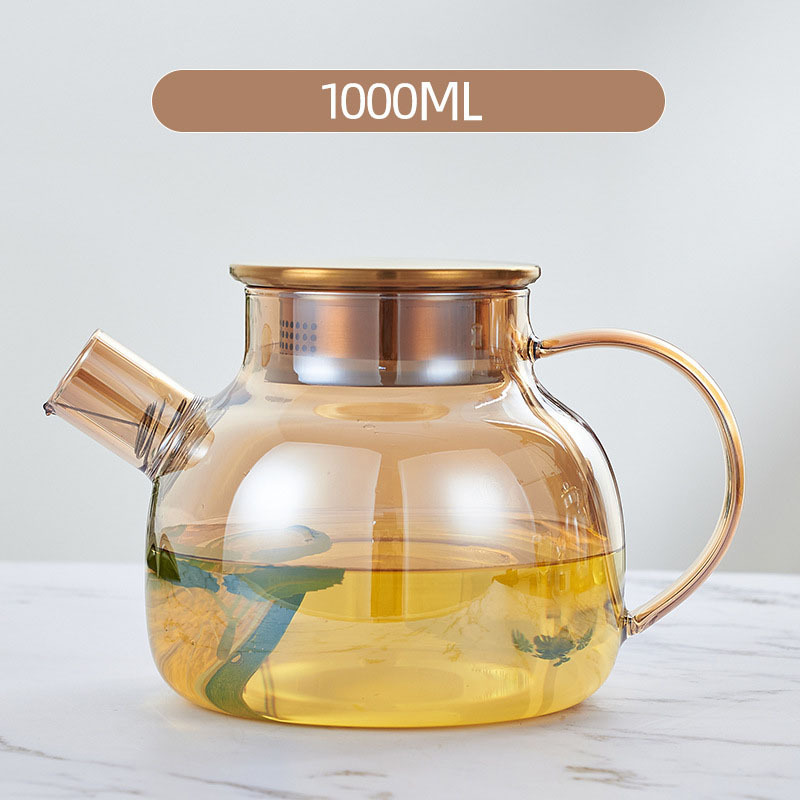 New design Golden Color 1000ml 1500ml 1800ml Glass Teapot With Stainless Steel Lid With Loose Leaf Tea Filter Spout