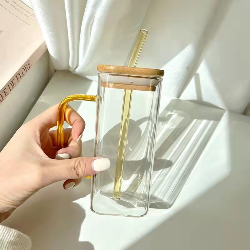 hot sale square glass cups with bamboo lid and straw