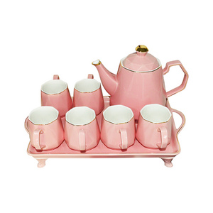 8Pcs with six Cups PINK  Luxury Porcelain Coffee Tea Set with Gold rim Ceramic Tea Pot and Cup Set for gift