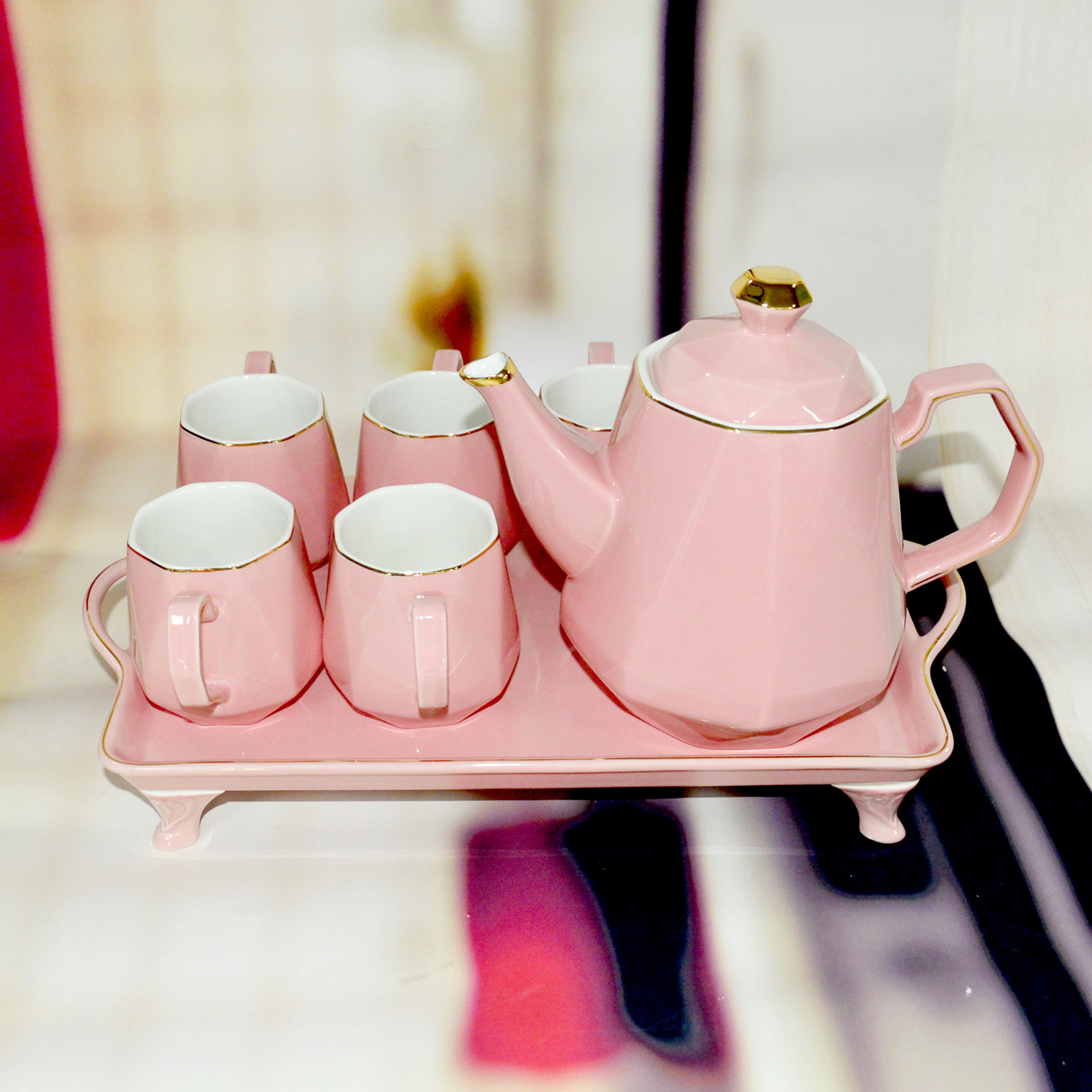 8Pcs with six Cups PINK  Luxury Porcelain Coffee Tea Set with Gold rim Ceramic Tea Pot and Cup Set for gift