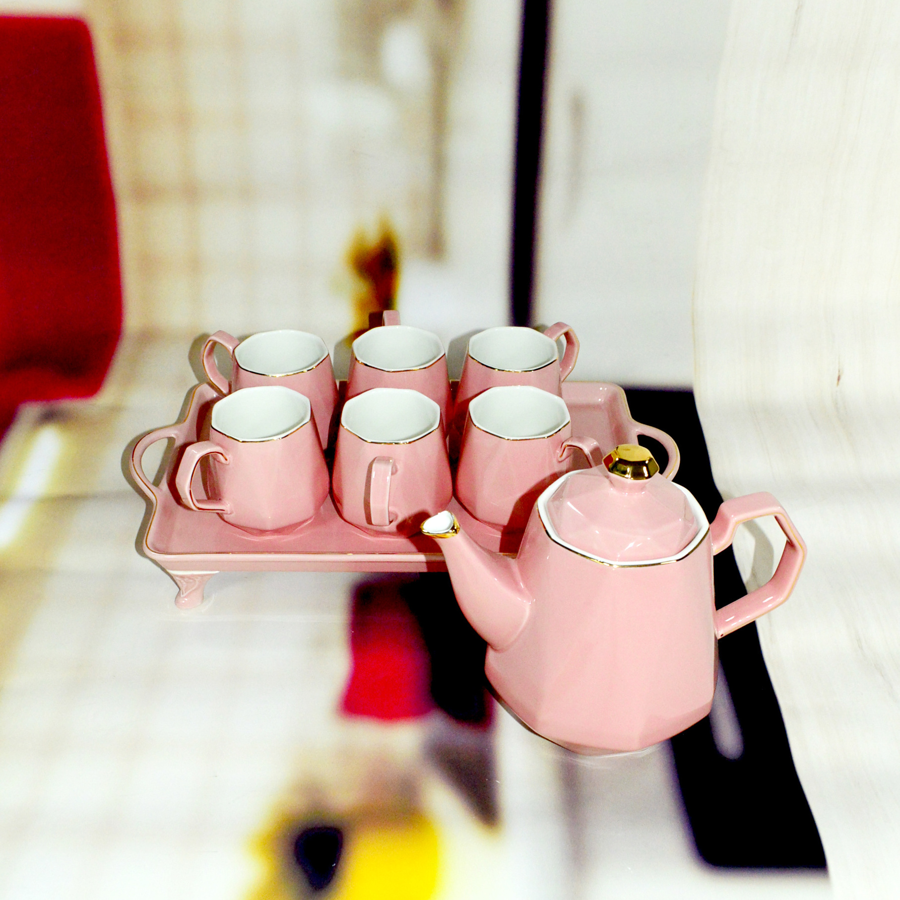 8Pcs with six Cups PINK  Luxury Porcelain Coffee Tea Set with Gold rim Ceramic Tea Pot and Cup Set for gift