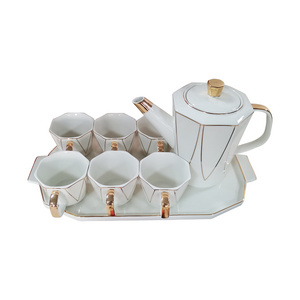 European gold decorated super white exquisite Porcelain Coffee European Ceramic Tea Sets With Teapot Cups and tray