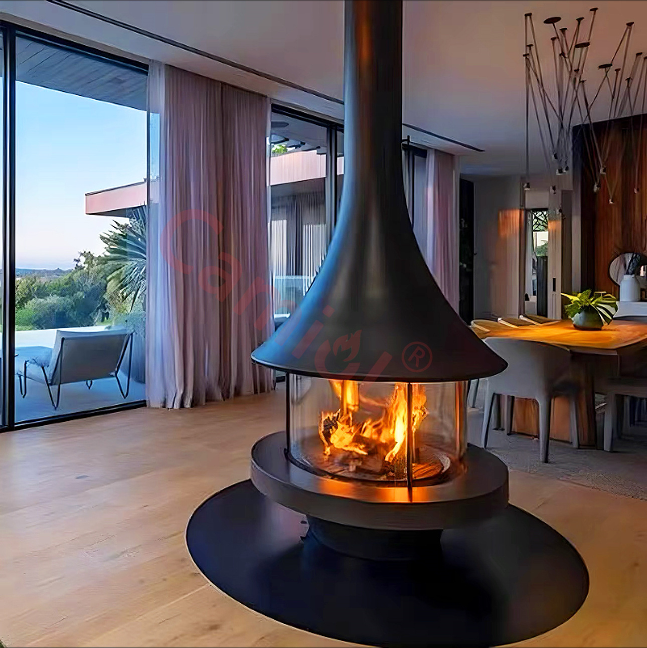 Roof mounted wood stove suspended fireplace cocoon hanging floating fireplace