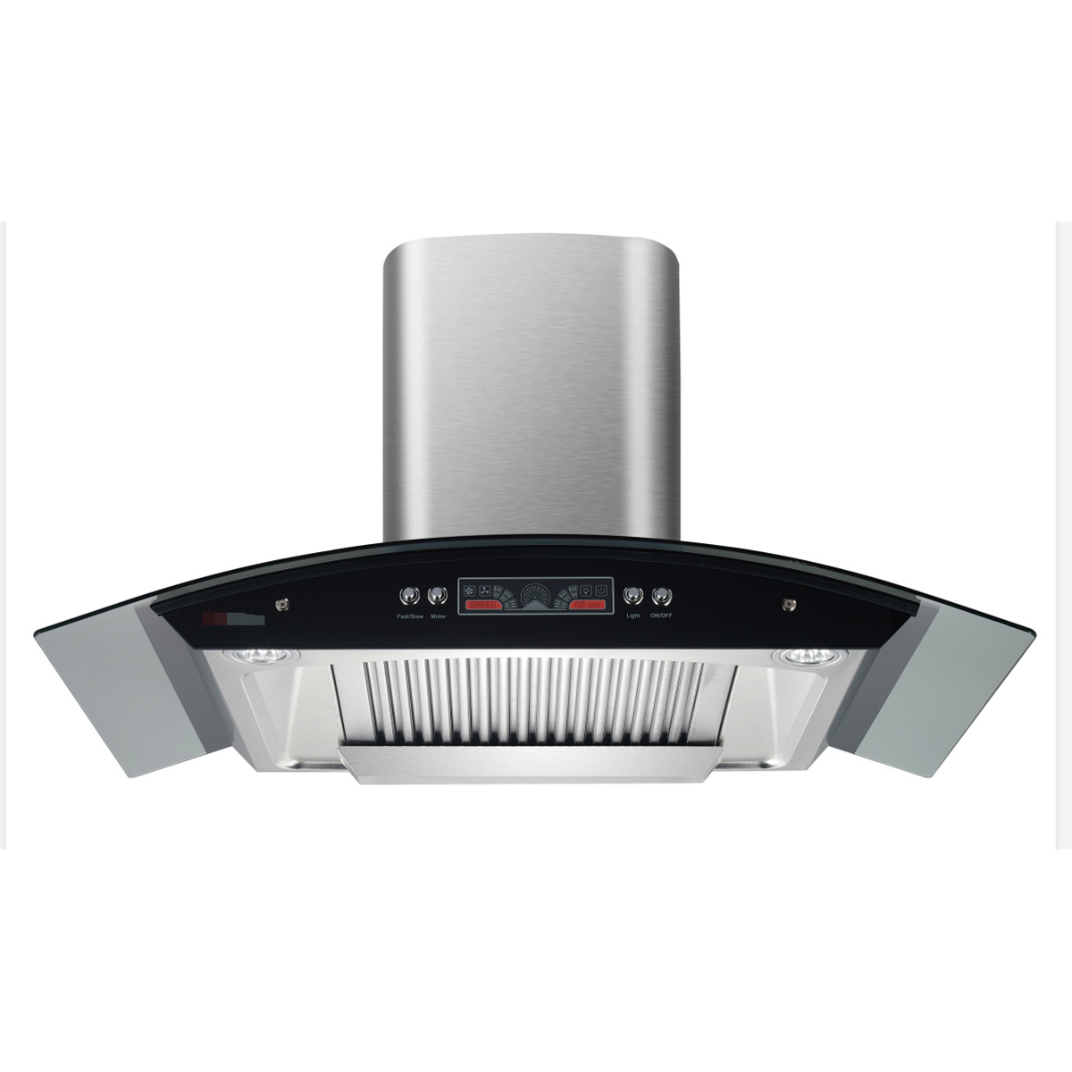 Curved  type kitchen chimney glass modern fashion design range hood with pipe