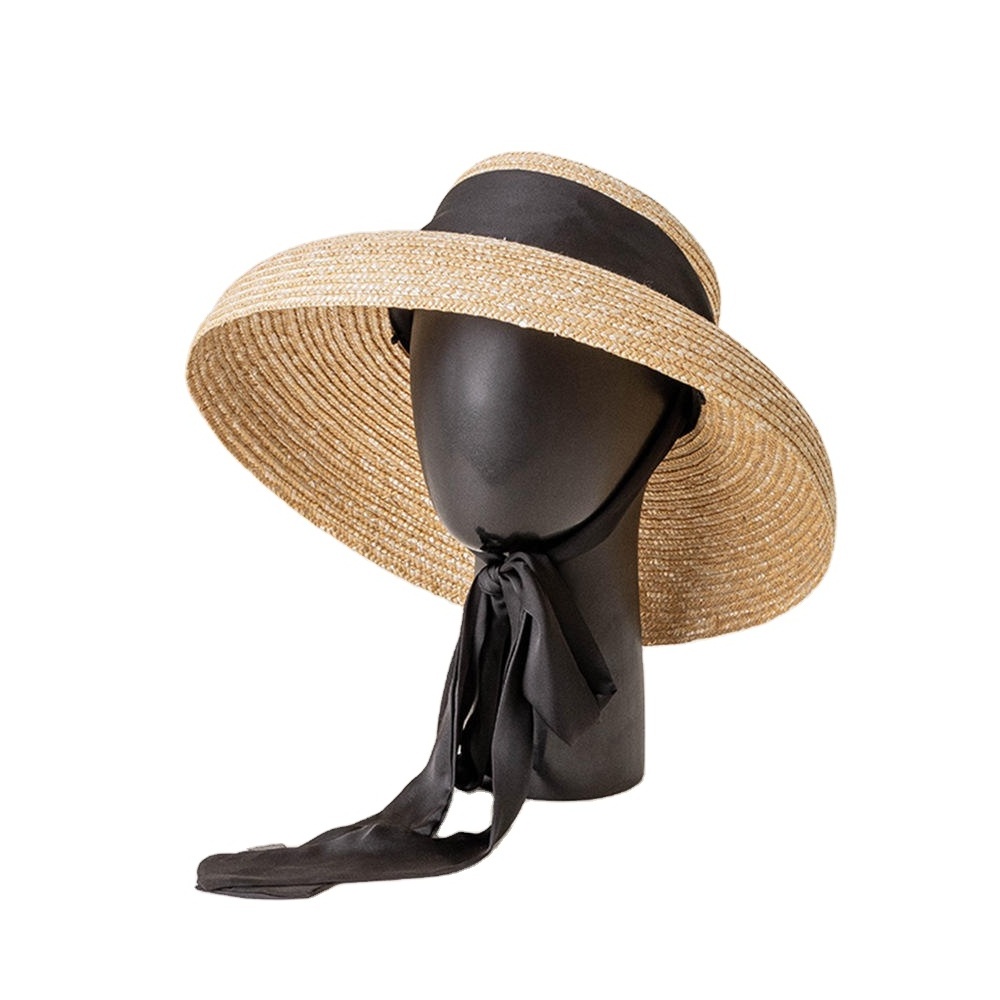 Customized 2023 Summer Trendy Wheat Straw Visor Sombreros Open Top Wide Brim Sunhat Women Beach Sun Straw Hats With Tie Ribbon