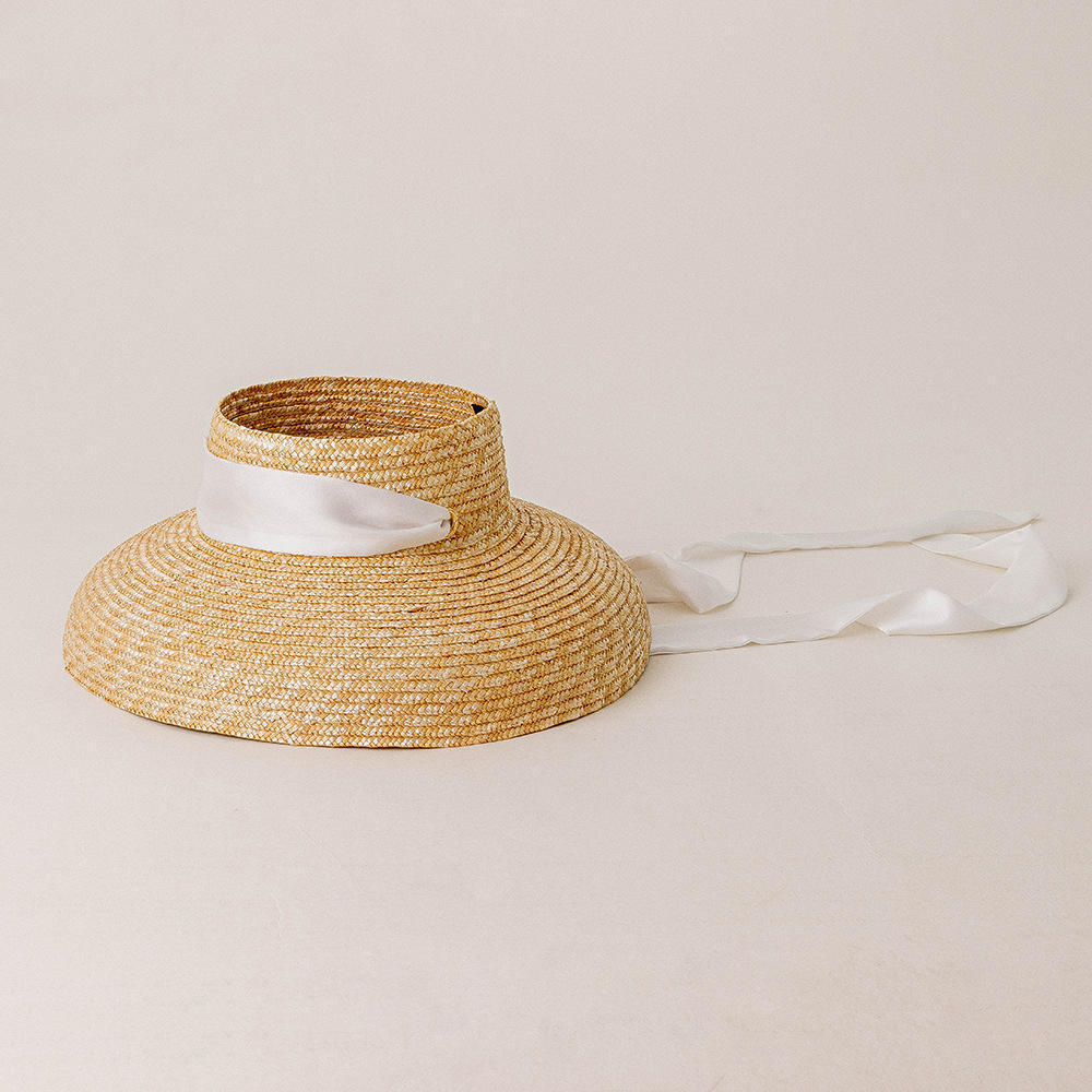 Customized 2023 Summer Trendy Wheat Straw Visor Sombreros Open Top Wide Brim Sunhat Women Beach Sun Straw Hats With Tie Ribbon