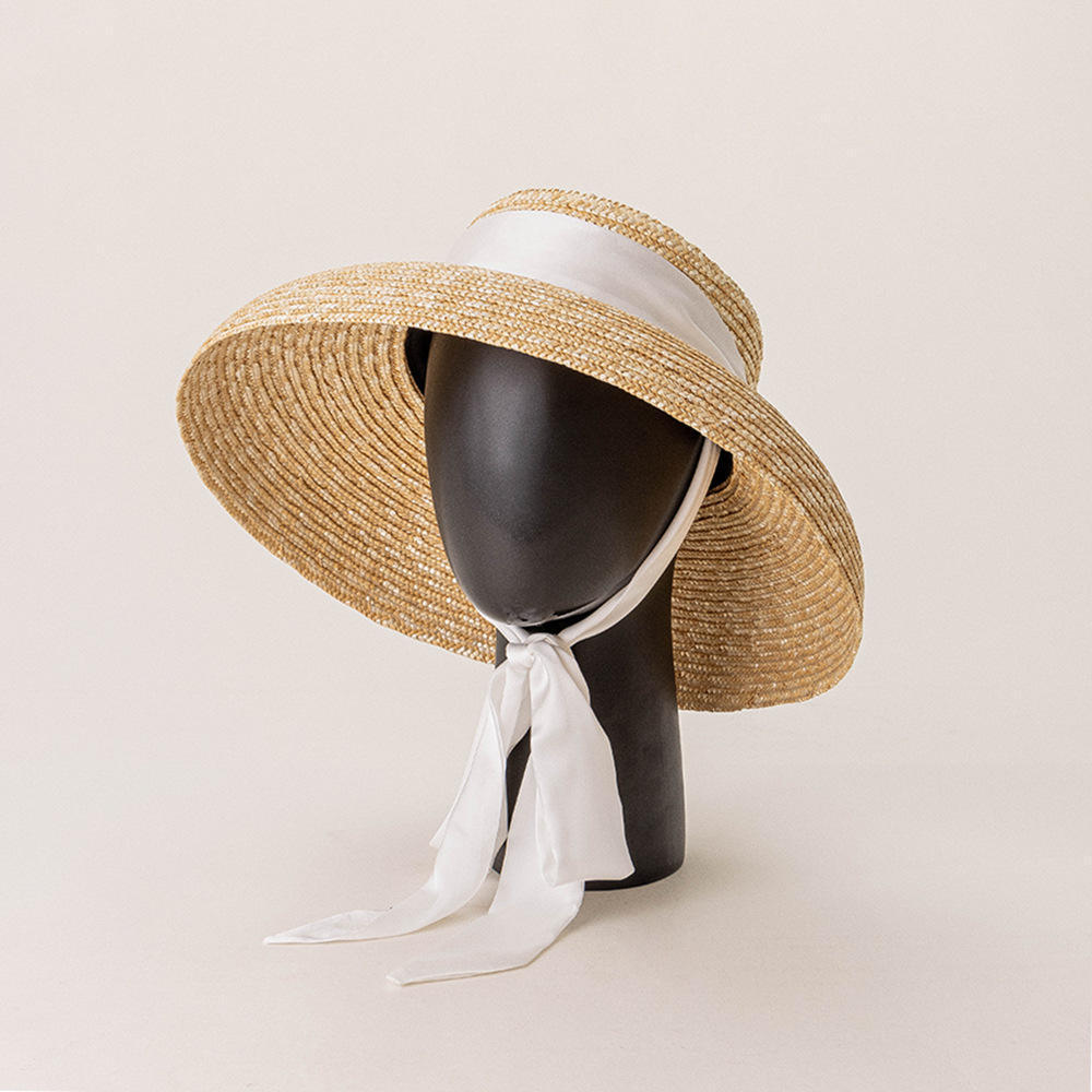 Customized 2023 Summer Trendy Wheat Straw Visor Sombreros Open Top Wide Brim Sunhat Women Beach Sun Straw Hats With Tie Ribbon