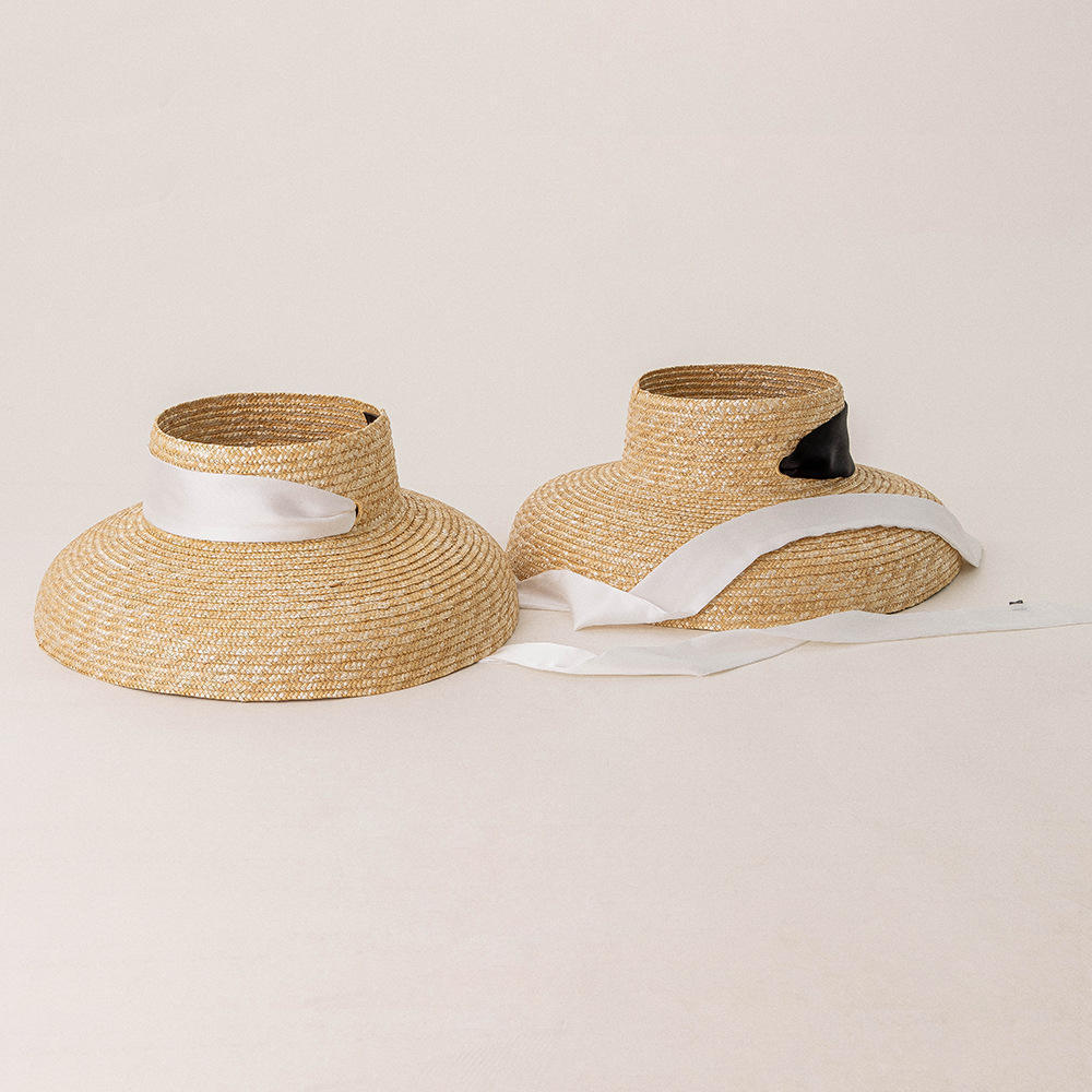 Customized 2023 Summer Trendy Wheat Straw Visor Sombreros Open Top Wide Brim Sunhat Women Beach Sun Straw Hats With Tie Ribbon