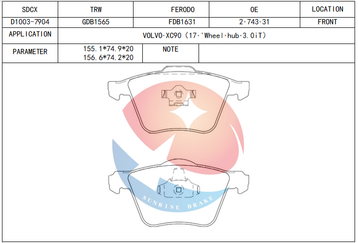 SDCX AUTO Front  D1003 31262705 30769125 274331 23680 for VOLVO Compass Car Genuine Quality Brake Repair Kit