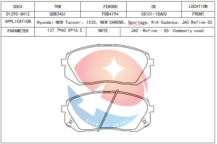 SDCX 8412-D1295 58101-2SA50 D11230MH SP1196 58101D7A00 58101-3RA00 brake pads for Middle East auto parts Market / Kia / JAC J5