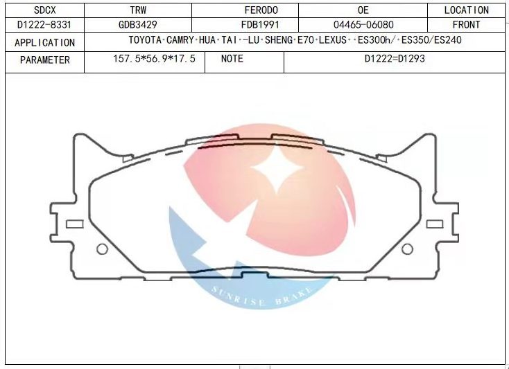 SDCX brake pad D1293 / 04465-06080 / 04465-06070 04465-33471 for TOYOTA AURION V4 V5 / Camry Hybrid 2007 / Avalon 2008-2014