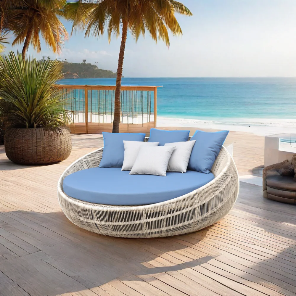 Outdoor round Daybed with Quick Dry Foam Pillows Rope Woven Garden Sunbed for Hotel Promotional Use on Patio Beach