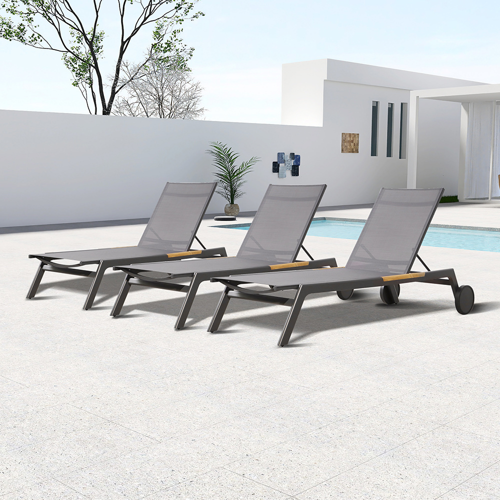 Pool sun chaise lounge with wheels metal garden mesh sunlounger set villa sun loungers outdoor furniture