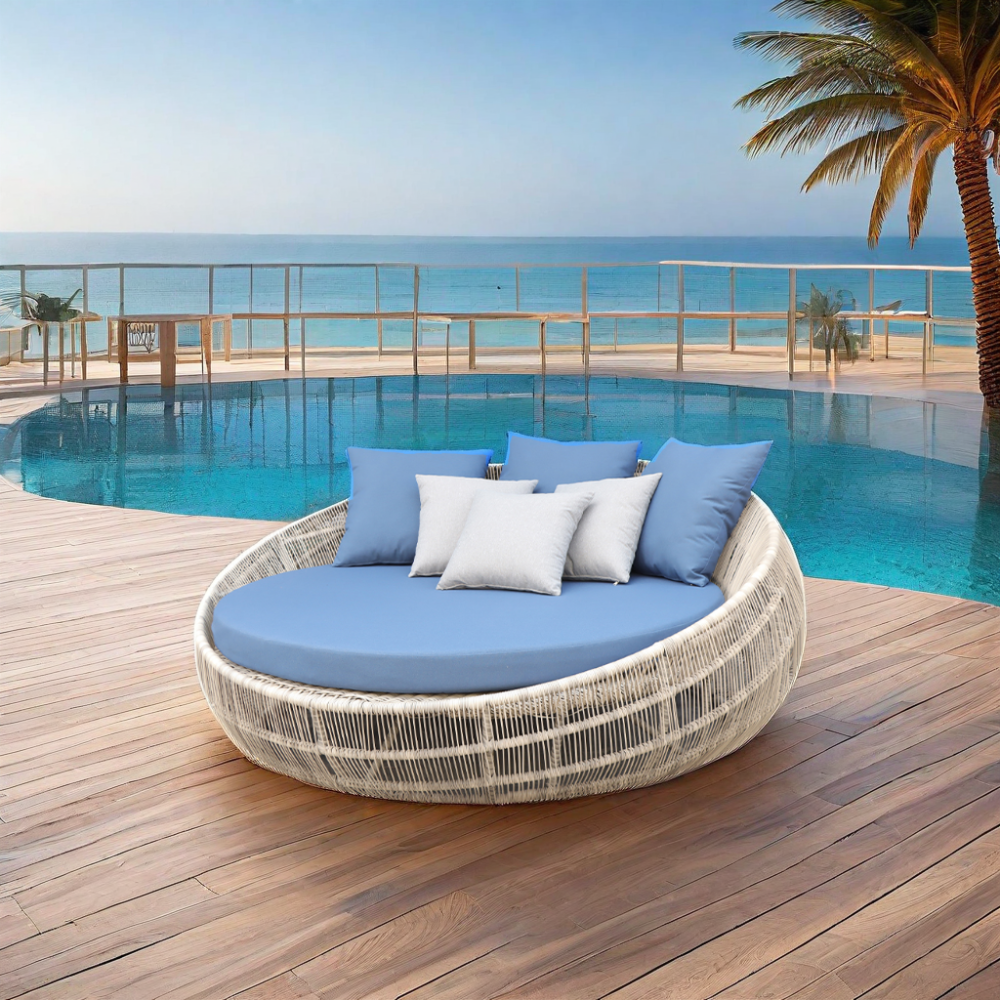 Outdoor round Daybed with Quick Dry Foam Pillows Rope Woven Garden Sunbed for Hotel Promotional Use on Patio Beach