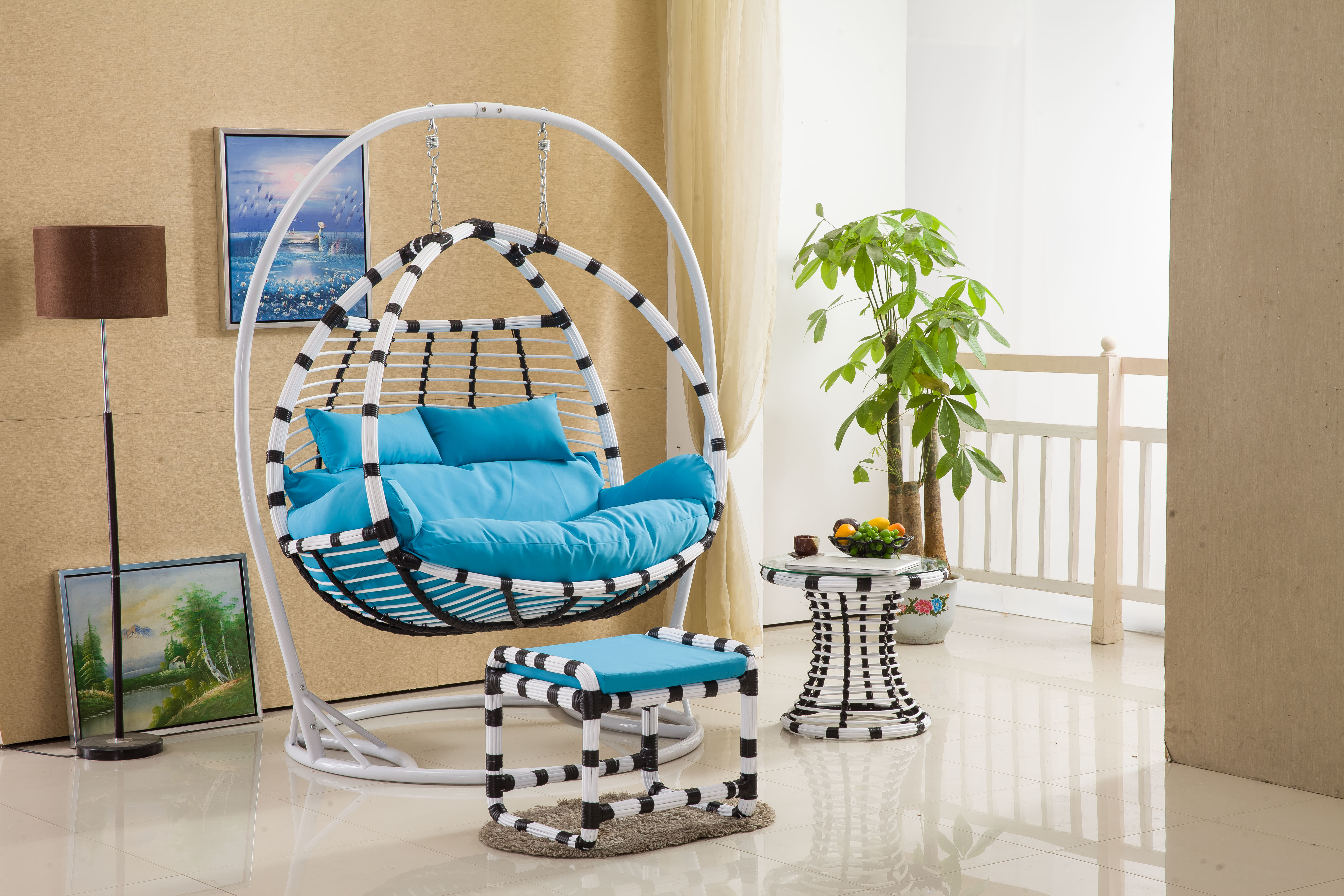 Best Double White Hanging Egg Chair Modern Rattan Porch Swing for Garden Patio or Outdoor Metal Material