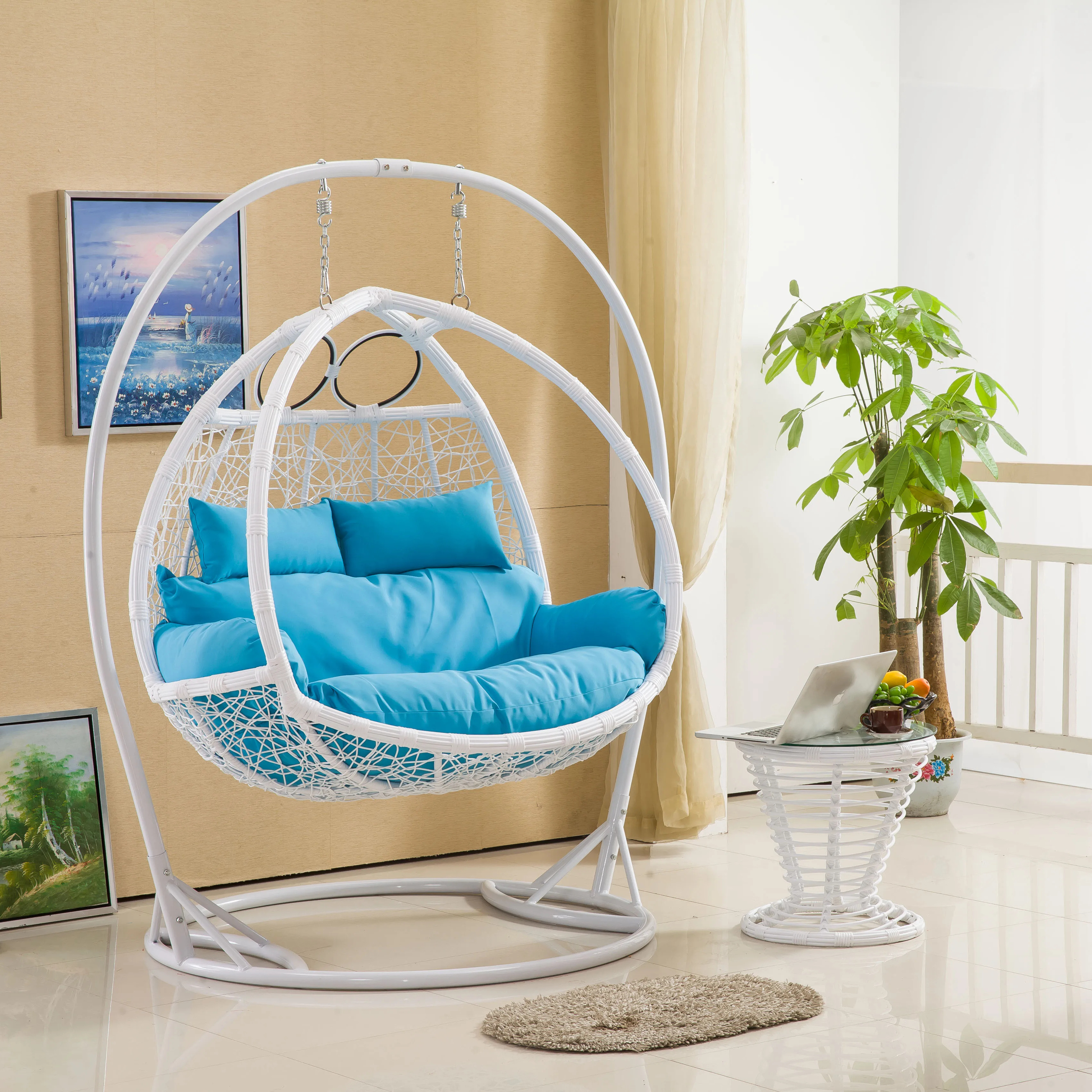 Best Double White Hanging Egg Chair Modern Rattan Porch Swing for Garden Patio or Outdoor Metal Material