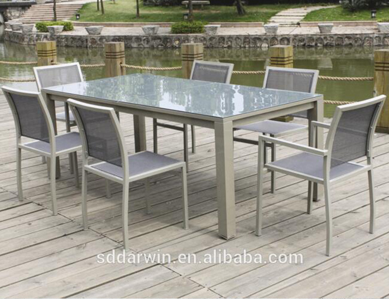 China Garden Furniture Powder Coating Aluminum Table Glass Top with Sling Dining Chair Aluminum Outdoor Furniture