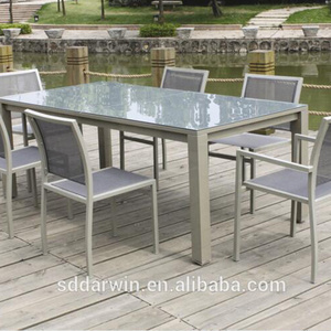 China Garden Furniture Powder Coating Aluminum Table Glass Top with Sling Dining Chair Aluminum Outdoor Furniture