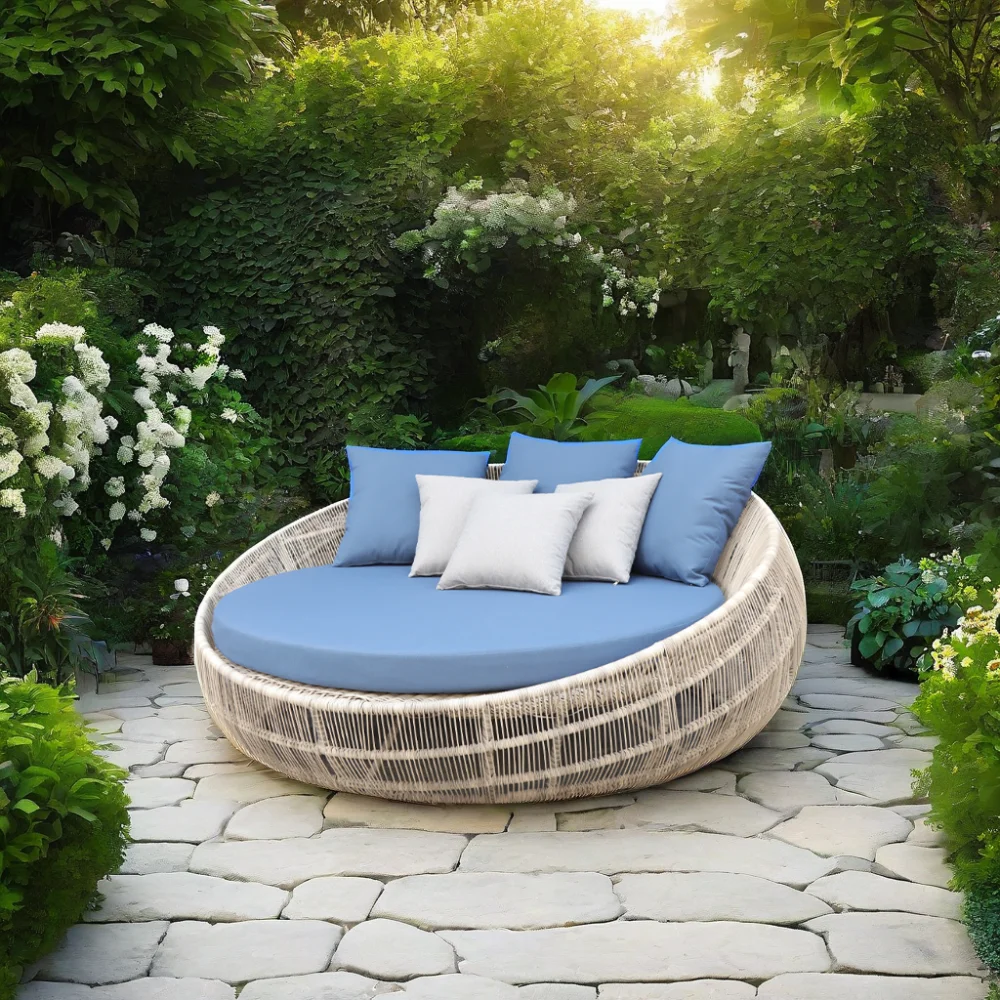 Outdoor round Daybed with Quick Dry Foam Pillows Rope Woven Garden Sunbed for Hotel Promotional Use on Patio Beach