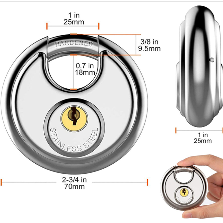 Keyed Padlock Stainless Steel Discus Lock  Shackle for Sheds Storage Unit Garages and Fence Key padlock