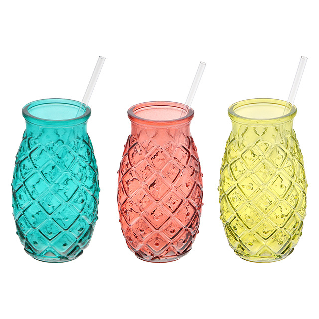 Creative Pineapple Shaped Glass Cup Clear Bar Glassware Stemless Cocktail Whiskey Glasses Wine Drinking Cup With straw and lid