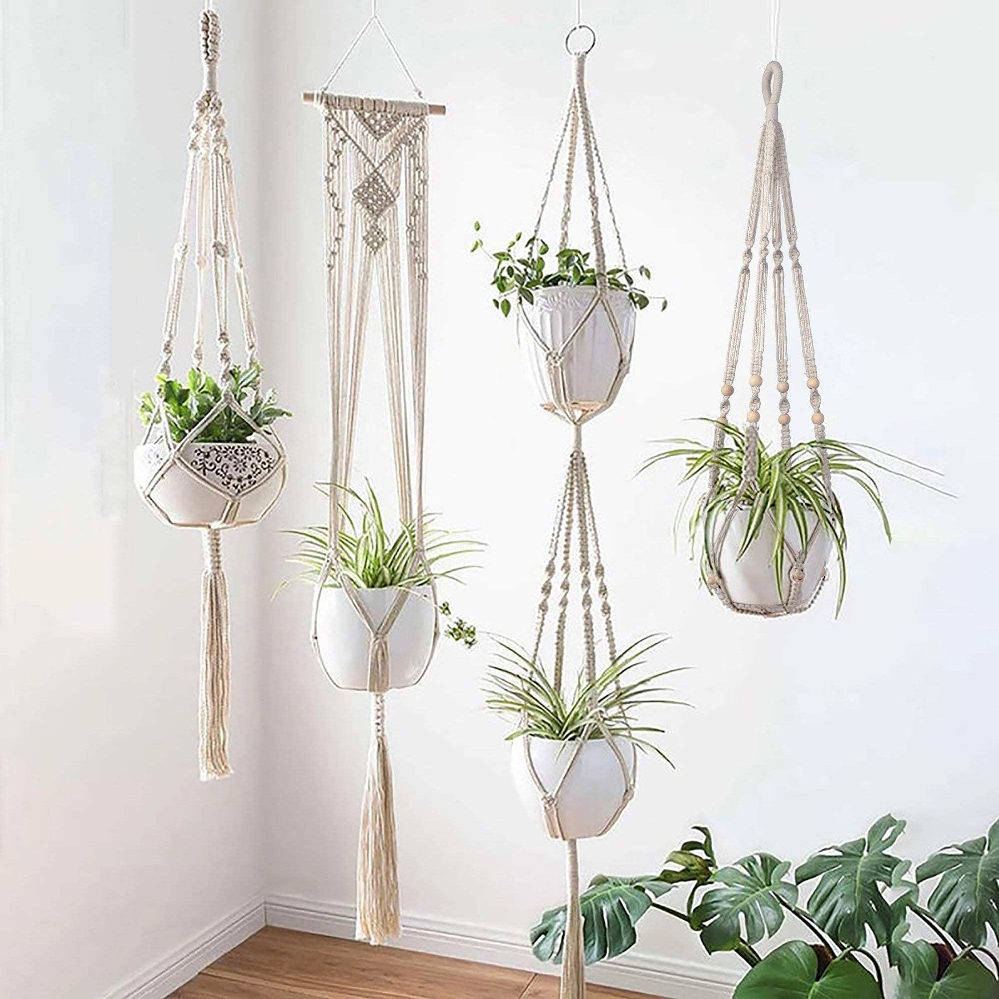 Wall Hanging Basket Mounted White Macrame Handmade Macrame Plant Hanger Rattan Decor