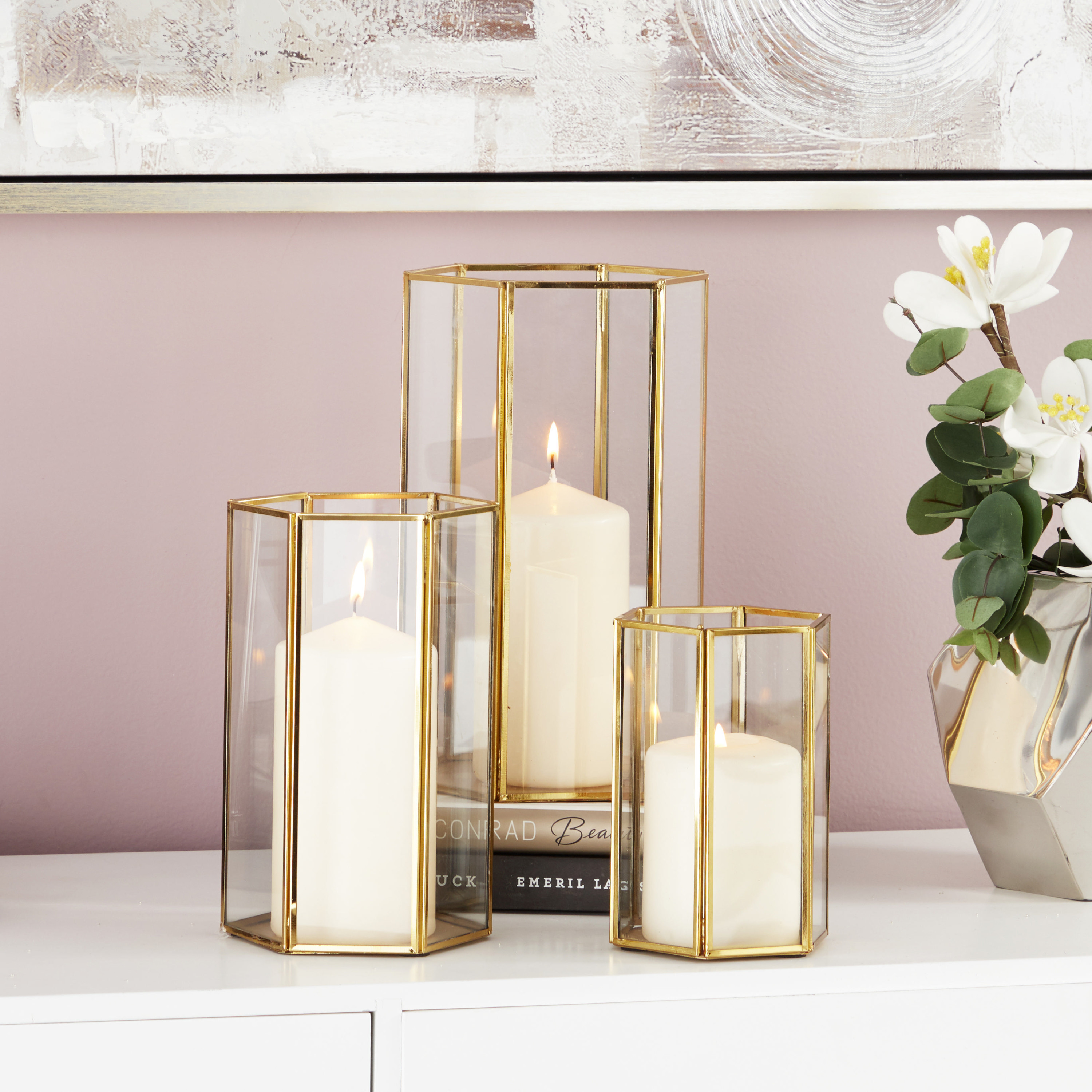 Hexagon Gold Plated Metal Frame Glass Candle Holder Pillar Stand Decorative Unique Wedding Table Floor Decoration