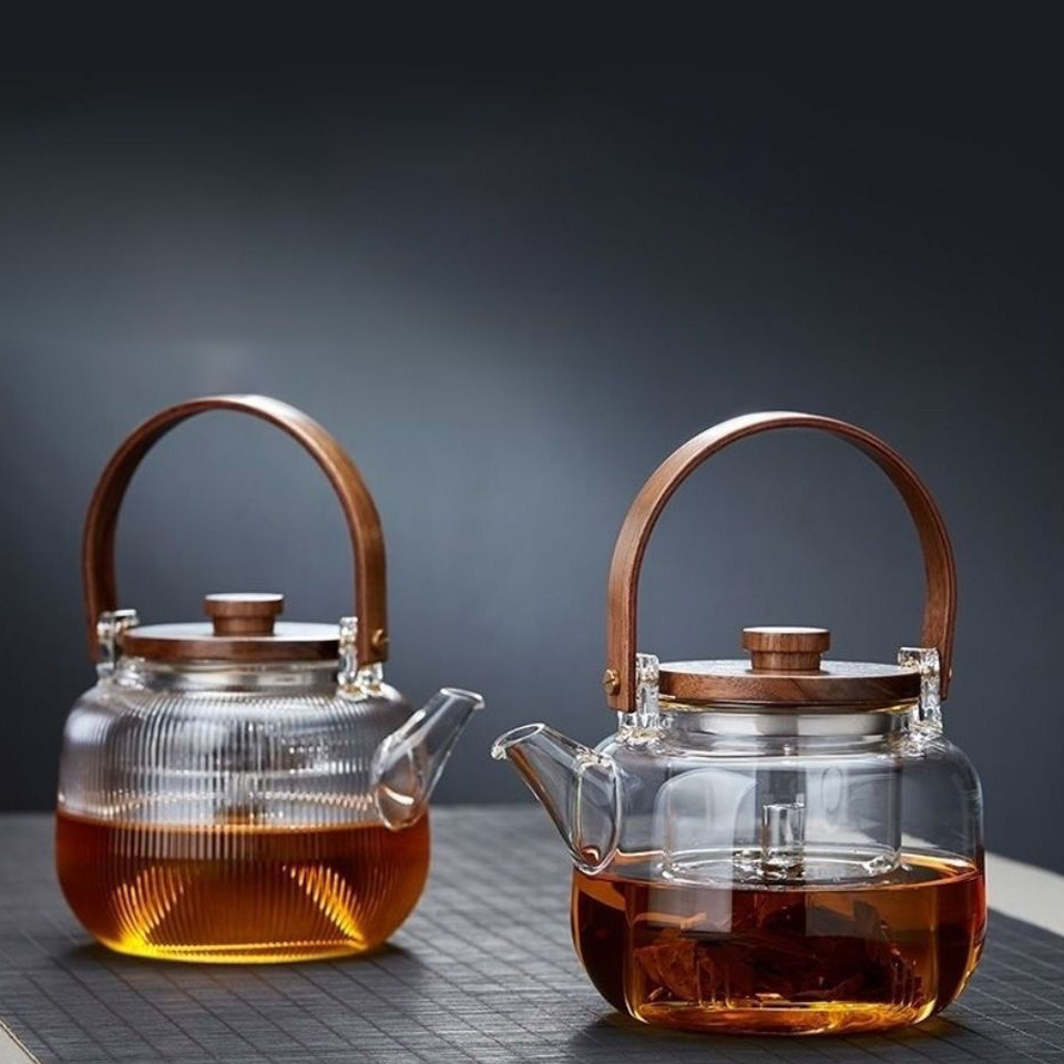 Wooden Lid and Handle Steamed Tea Boiled Teapot Boiling Water Pot Filter Steaming Fire Resistant Glass Teapot