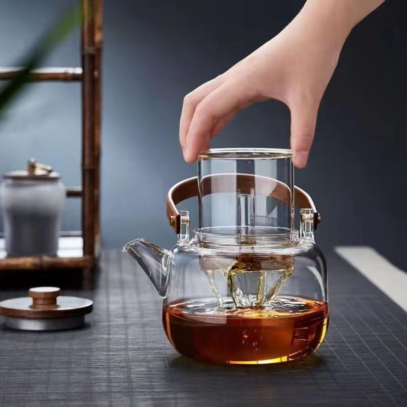 Wooden Lid and Handle Steamed Tea Boiled Teapot Boiling Water Pot Filter Steaming Fire Resistant Glass Teapot