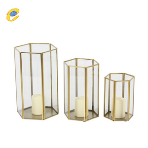 Hexagon Gold Plated Metal Frame Glass Candle Holder Pillar Stand Decorative Unique Wedding Table Floor Decoration