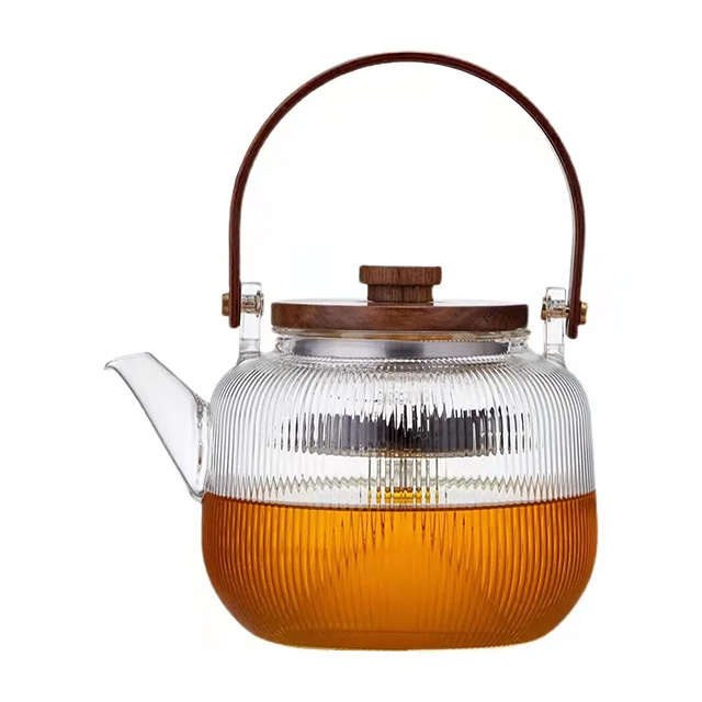 Wooden Lid and Handle Steamed Tea Boiled Teapot Boiling Water Pot Filter Steaming Fire Resistant Glass Teapot