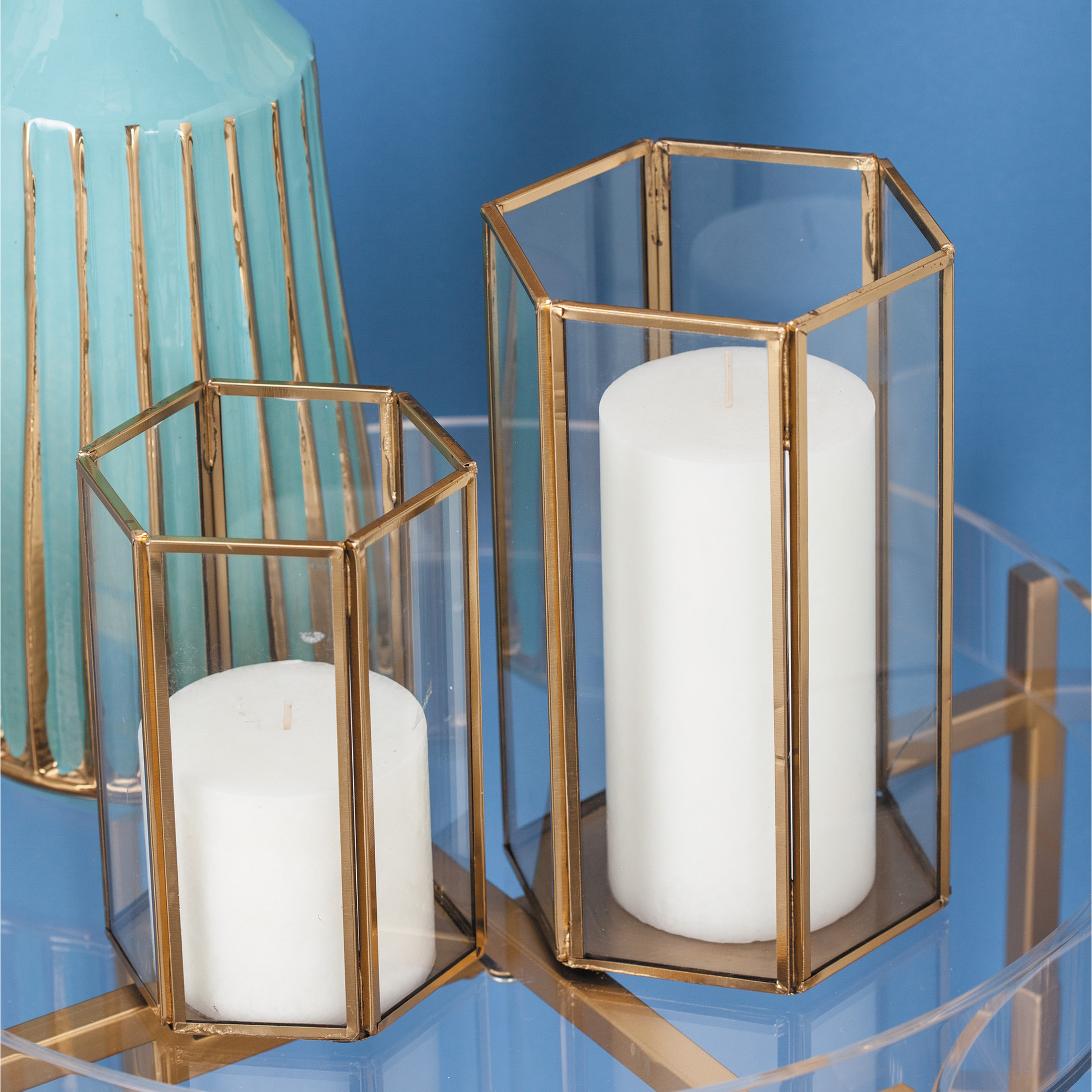 Hexagon Gold Plated Metal Frame Glass Candle Holder Pillar Stand Decorative Unique Wedding Table Floor Decoration