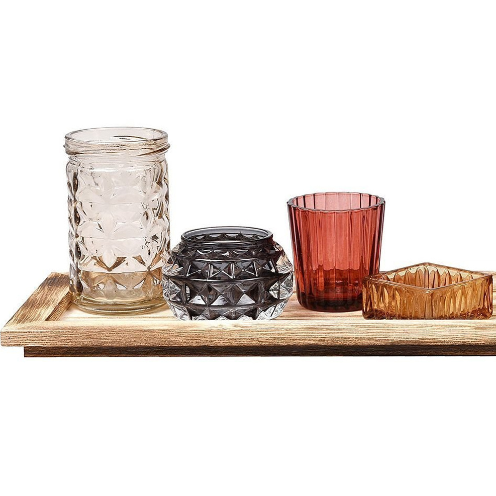 Wooden Tray Modern Glass Candle Vessels Luxury Glass Candle Holders Lanterns And Candle Jars Set