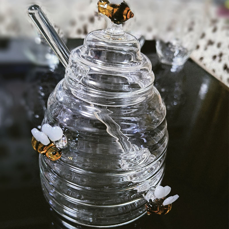 Honey Comb Shaped Glass Honey Storage Jar Glass Honey Pot With Stirring Rod Customizable Sizes And Accessories