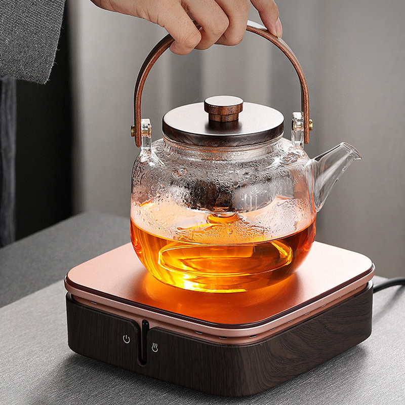 Wooden Lid and Handle Steamed Tea Boiled Teapot Boiling Water Pot Filter Steaming Fire Resistant Glass Teapot