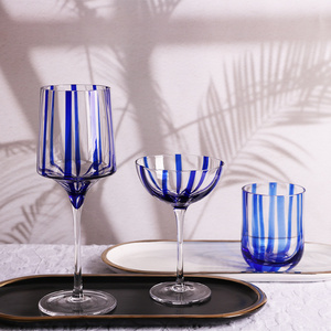 Bulk Customized Nordic Retro Clear Goblet Stemmed Colored Stripes Wine Glass Cup set for Wedding