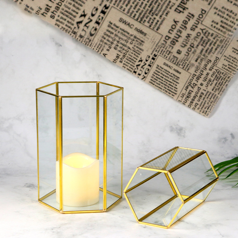 Hexagon Gold Plated Metal Frame Glass Candle Holder Pillar Stand Decorative Unique Wedding Table Floor Decoration