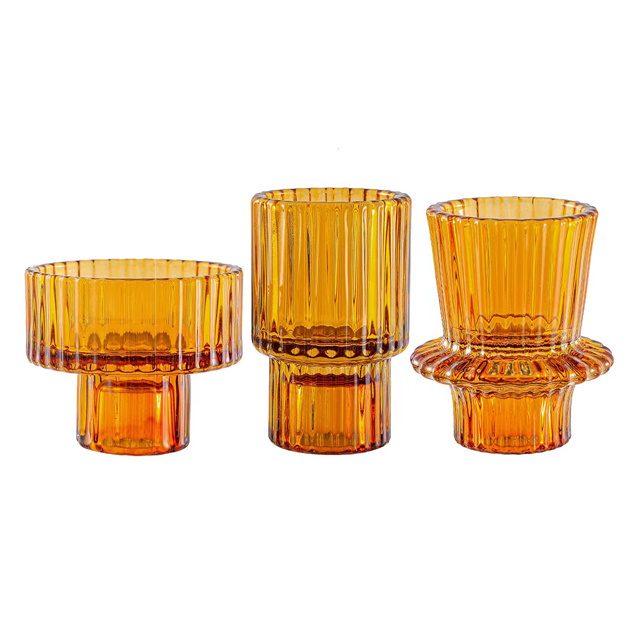 Amber Green Color Glass Candle Holders Candlestick Holder For Tea Light Taper Pillar Candle Colorful Empty Glass Candle Jars