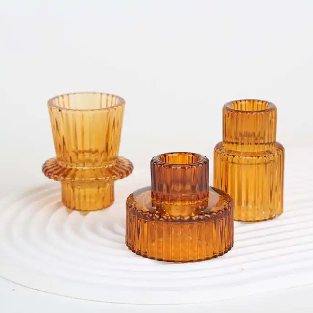 Amber Green Color Glass Candle Holders Candlestick Holder For Tea Light Taper Pillar Candle Colorful Empty Glass Candle Jars