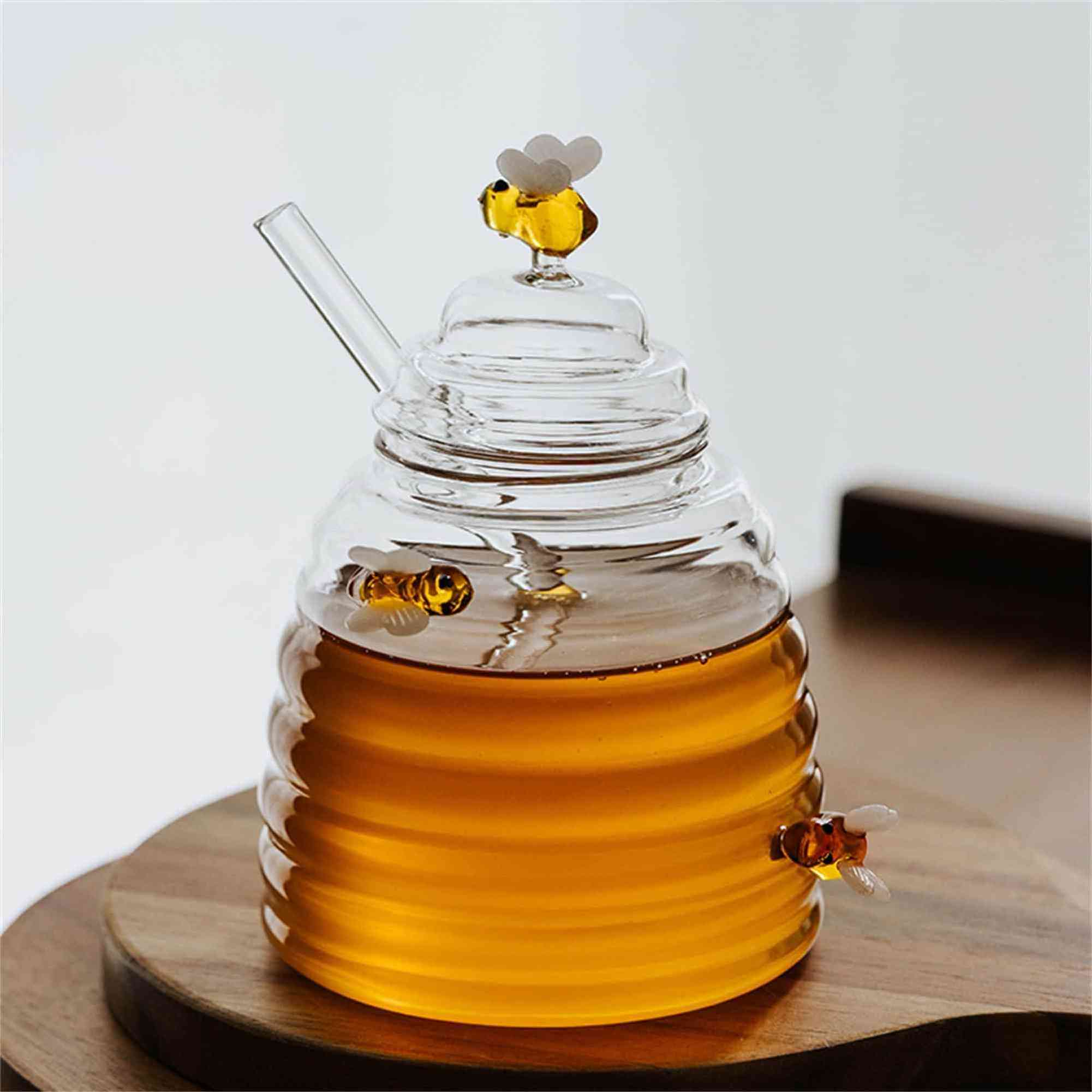 Honey Comb Shaped Glass Honey Storage Jar Glass Honey Pot With Stirring Rod Customizable Sizes And Accessories