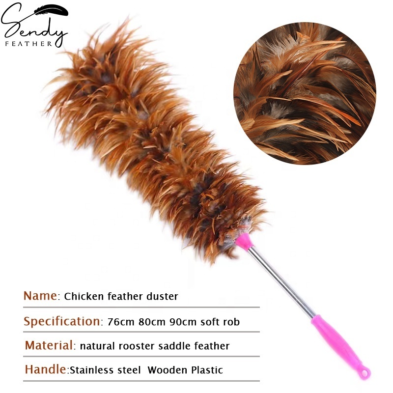 Wholesale  Rooster Saddle Feather Duster Stainless Steel Handle Chinese Chicken Feather Duster For Home Cleaning