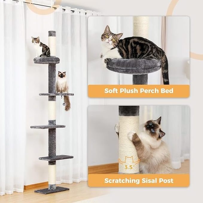 Large Cat Tree Cat Tower Scratch Post Floor To Ceiling Adjustable Height Floor To Ceiling Cactus Cat Tower With Cozy Hammock